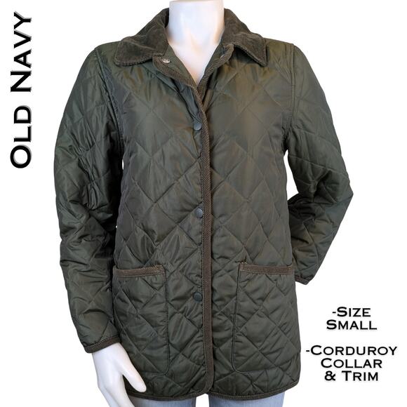 GAP Barn Jacket Coat Womens Small Olive Green Quilted Corduroy Trim Snap Front - Picture 1 of 11